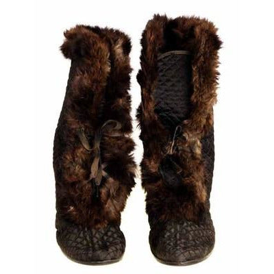 Edwardian Quilted Silk/Leather Fur Trim High Boots 1919 Daniel Green Women's,Shoes,On Sale The Best Vintage Clothing