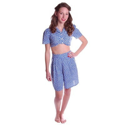 Vintage 2 Pc Play Suit Blue Polka Dot Cotton Shorts/CropTop 1940S Small Cart2cart The Best Vintage Clothing