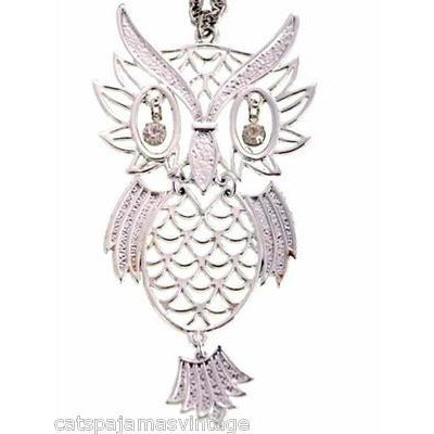 Vintage Articulated Owl Pendant Necklace Silver Tone Rhinestone Eyes 1970s Large Jewelry,On Sale The Best Vintage Clothing