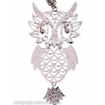 Vintage Articulated Owl Pendant Necklace Silver Tone Rhinestone Eyes 1970s Large Jewelry,On Sale The Best Vintage Clothing