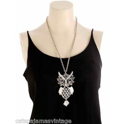 Vintage Articulated Owl Pendant Necklace Silver Tone Rhinestone Eyes 1970s Large Jewelry,On Sale The Best Vintage Clothing