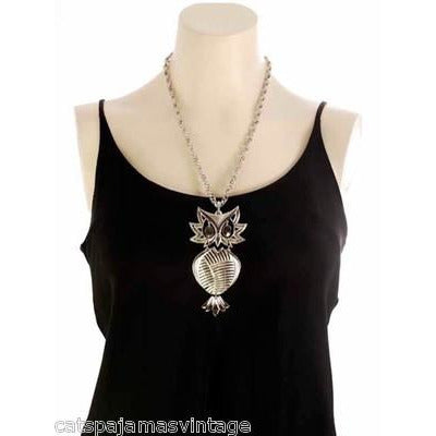 Vintage Articulated Owl Pendant Necklace Silver Tone Signed Alan 1970s Large Jewelry,On Sale The Best Vintage Clothing