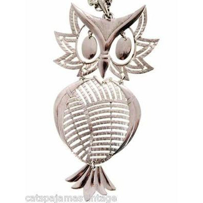 Vintage Articulated Owl Pendant Necklace Silver Tone Signed Alan 1970s Large Jewelry,On Sale The Best Vintage Clothing