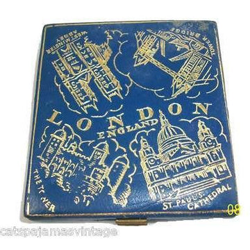 Vintage Blue Leather Embossed Compact London 1940S On Sale,Accessories vendor-unknown