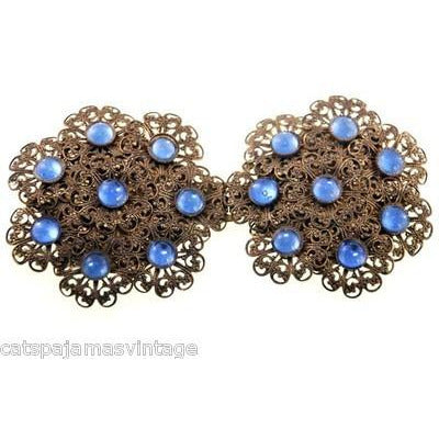 Vintage Brass Filigree Buckle Sapphire Blue Cabochon Stones 1930s - The Best Vintage Clothing
 - 1