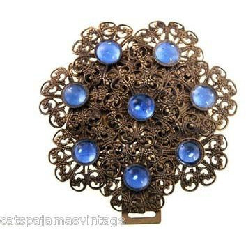 Vintage Brass Filigree Buckle Sapphire Blue Cabochon Stones 1930s Accessories,On Sale The Best Vintage Clothing