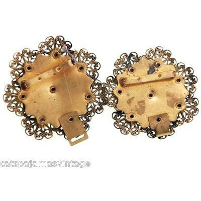 Vintage Brass Filigree Buckle Sapphire Blue Cabochon Stones 1930s Accessories,On Sale The Best Vintage Clothing