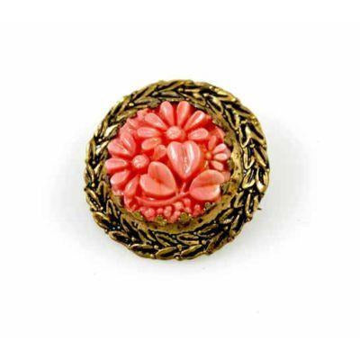 Antique  Brooch Carved Coral Plastic Round In Brass Set Victorian - The Best Vintage Clothing
 - 1