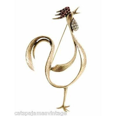 Vintage Brooch Huge Rooster w/Rhinestones Signed Jeanne 1960s Cart2cart Jeanne