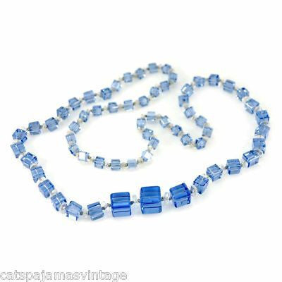 Vintage Chunky Blue Glass Square Beads Necklace 1920S Long Jewelry,Women's The Best Vintage Clothing