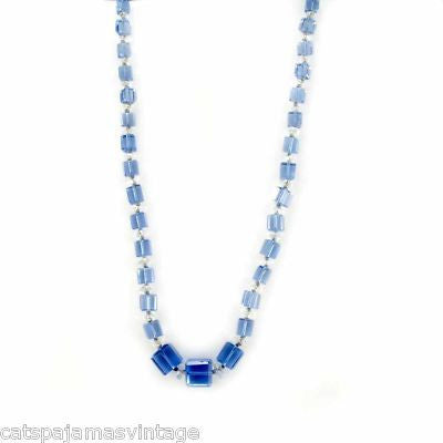 Vintage Chunky Blue Glass Square Beads Necklace 1920S Long Jewelry,Women's The Best Vintage Clothing