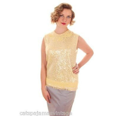 Vintage Ladies Top Sleeveless Yellow Sequin Sweater Shimmy 1960s B. Altman Med New Arrivals The Best Vintage Clothing