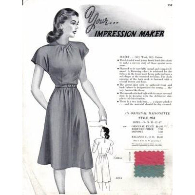 VINTAGE MAISONETTE FABRIC SWATCH 1940S 8X11 952 952 - The Best Vintage Clothing
