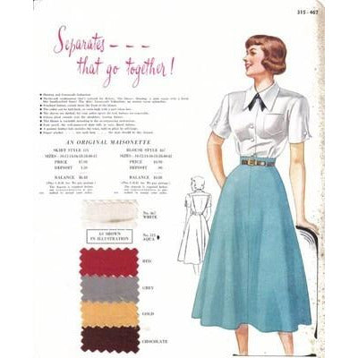 VINTAGE MAISONETTE FABRIC SWATCH Skirt & Blouse 1940S 8X11 - The Best Vintage Clothing
