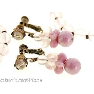 Vintage Miriam Haskell Necklace 28" Strand Dark Pink Opaque/ Sheer Glass & Earrings Metal Tag Cart2cart Miriam Haskell