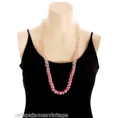 Vintage Miriam Haskell Necklace 28" Strand Dark Pink Opaque/ Sheer Glass & Earrings Metal Tag Cart2cart Miriam Haskell