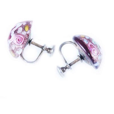 Vintage Murano Glass Earrings Pink Roses Screw-Back 1940S On Sale vendor-unknown
