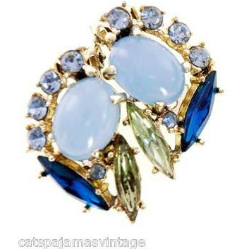 Vintage Rhinestone Set Brooch and Clip Ears Blues/Greens On Sale The Best Vintage Clothing