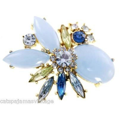 Vintage Rhinestone Set Brooch and Clip Ears Blues/Greens On Sale The Best Vintage Clothing