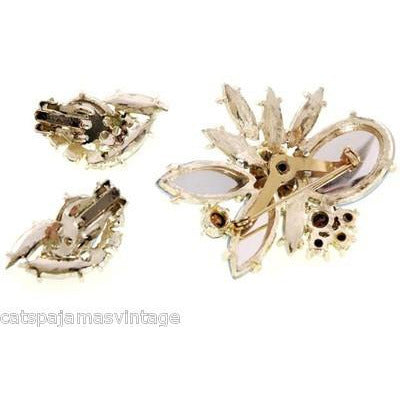 Vintage Rhinestone Set Brooch and Clip Ears Blues/Greens On Sale The Best Vintage Clothing