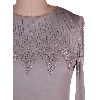 Traina VTG Silk Jersey Knit Dress Deco Rhinestone Yoke Gray/Green 1970s 36-33-41 Women's Traina