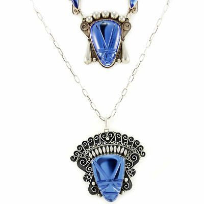 Stunning Vintage Sterling & Cobalt Taxco Signed Necklace 4 Pc Set 1940S Huge Heads Jewelry Taxco