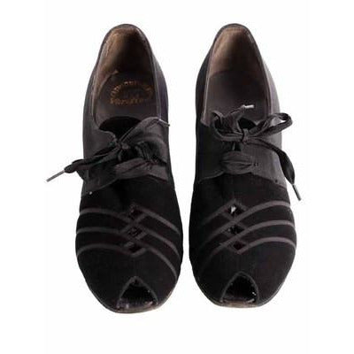 Vintage Womens Shoes Oxfords 1930s Black Silk/Suede/Peeptoe Sz 7 Orig Box Shoes,On Sale The Best Vintage Clothing