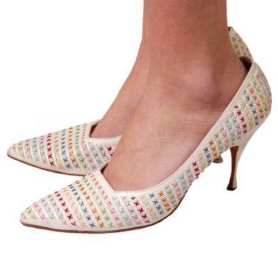 Vintage White Leather Stiletto Heels Embroidered Unique 1950S Womens 7.5 Shoes The Best Vintage Clothing
