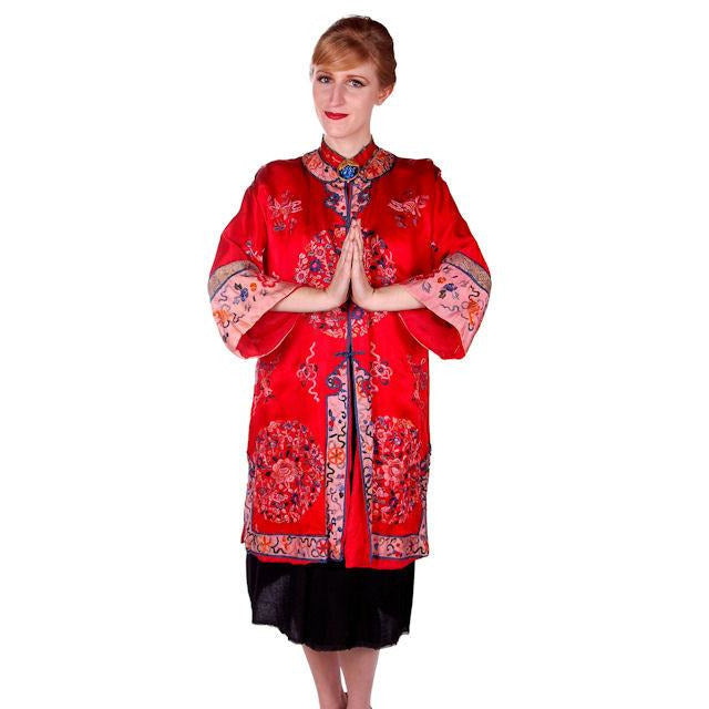 Antique Victorian Chinese Robe Coat Red Silk Embroidered Includes Free Brooch! Cart2cart The Best Vintage Clothing