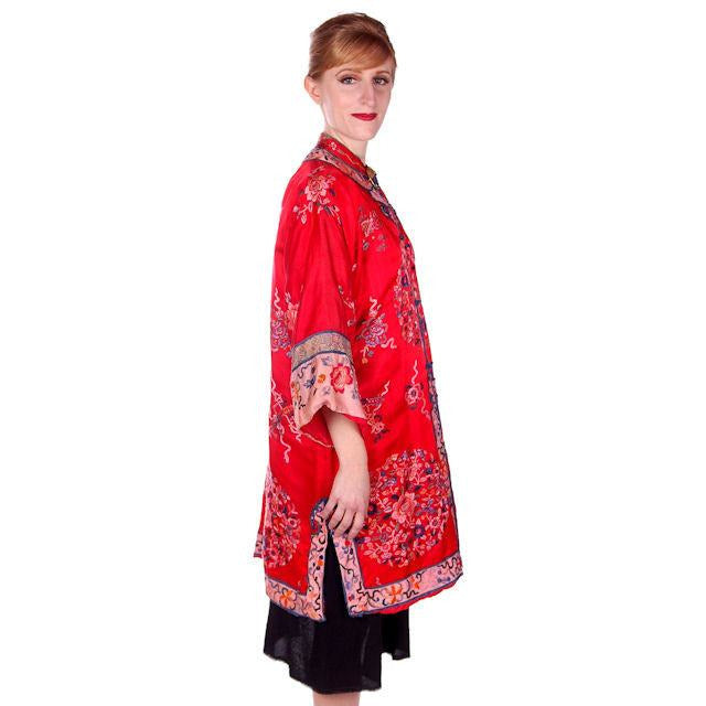 Antique Victorian Chinese Robe Coat Red Silk Embroidered Includes Free Brooch! Cart2cart The Best Vintage Clothing