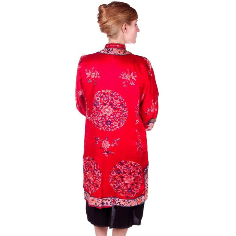 Antique Victorian Chinese Robe Coat Red Silk Embroidered Includes Free Brooch! Cart2cart The Best Vintage Clothing
