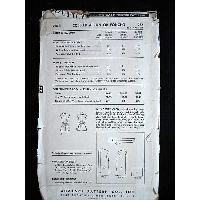 Vintage Advance Cobbler Bib Apron Pattern #7878 1950S On Sale,Collectibles The Best Vintage Clothing