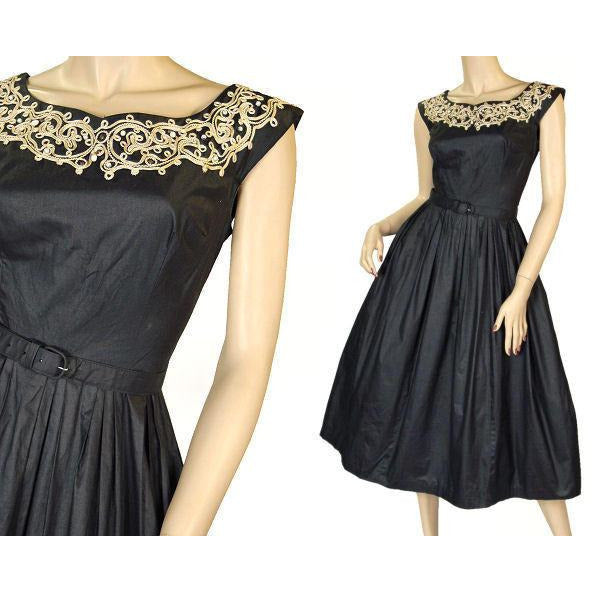 Vintage MCM Party Dress Black Polished Cotton White Soutache NATLYNN 1950’S Women's Natlynn