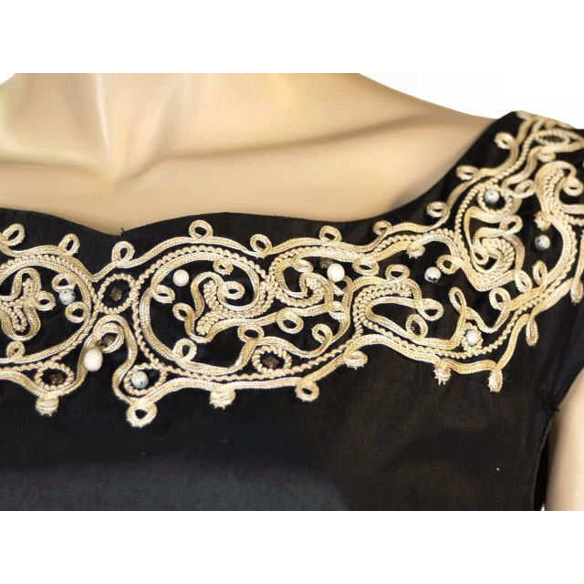 Vintage MCM Party Dress Black Polished Cotton White Soutache NATLYNN 1950’S Women's Natlynn