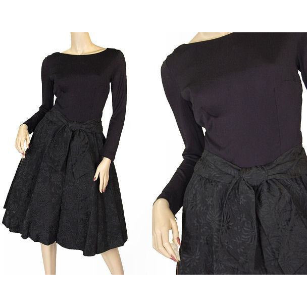 Vintage Black Jersey Dress W/Textured Brocade Skirt Nan Wynn 1950s 36-24-Free Cart2cart Nan Wynn