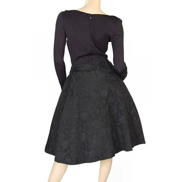 Vintage Black Jersey Dress W/Textured Brocade Skirt Nan Wynn 1950s 36-24-Free Cart2cart Nan Wynn