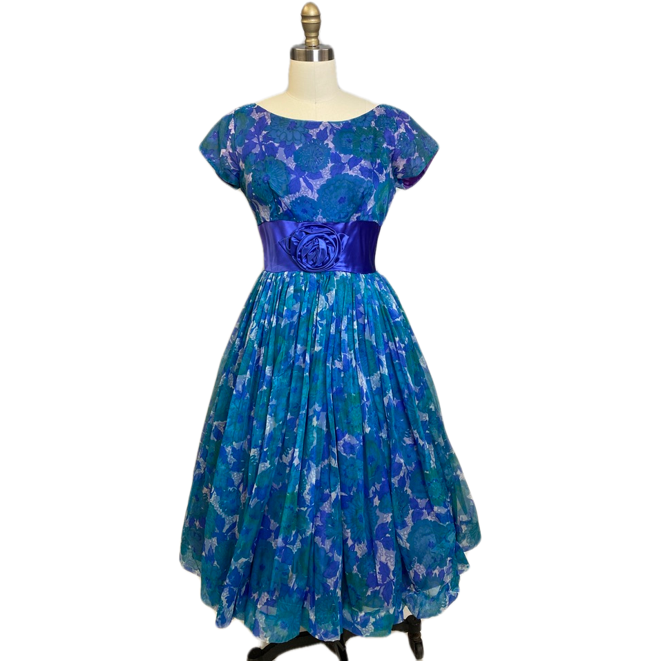 VTG Dress 50s Sheer Nylon Overlay Full Skirt Day/Party Blue Floral S Wide Waist Dresses The Best Vintage Clothing