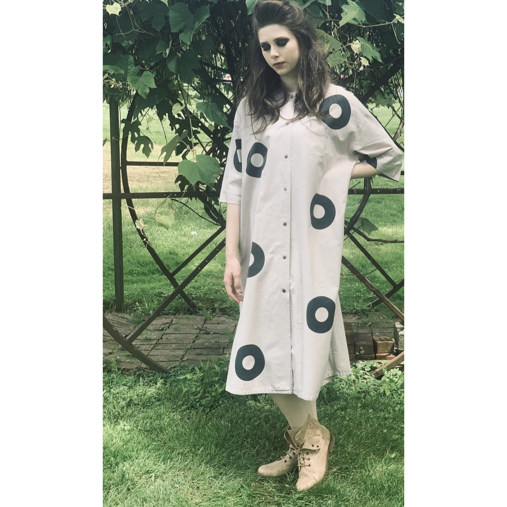 Vintage Mod 1970s Iconic Vuokko Beige / Gray Circles Geometric Print Coat Dress Sz S marimekko The Best Vintage Clothing