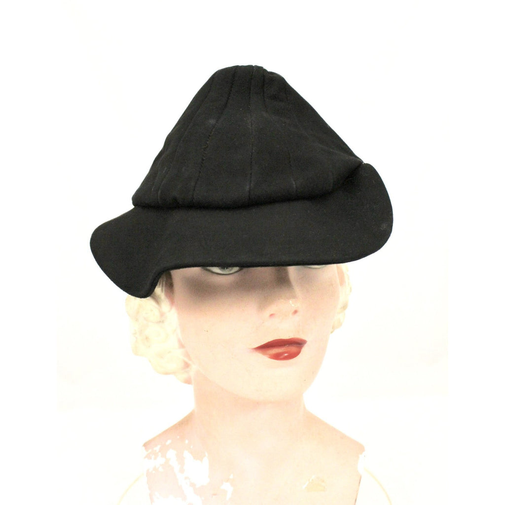 Vintage Black Leather Suede Cap Womens Hat 1930s Military 23" WW2 The Best Vintage Clothing