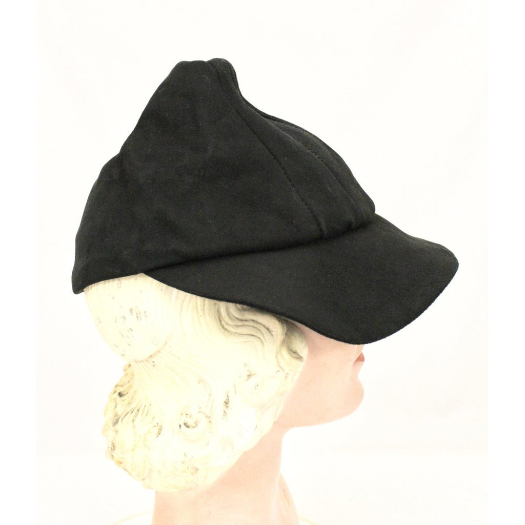 Vintage Black Leather Suede Cap Womens Hat 1930s Military 23" WW2 The Best Vintage Clothing