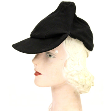 Vintage Black Leather Suede Cap Womens Hat 1930s Military 23" WW2 The Best Vintage Clothing