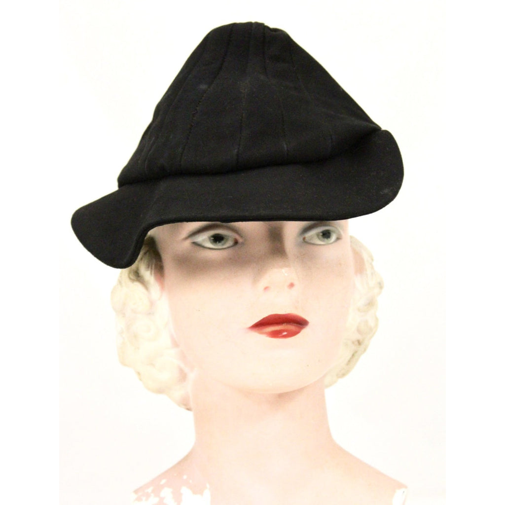 Vintage Black Leather Suede Cap Womens Hat 1930s Military 23" WW2 The Best Vintage Clothing