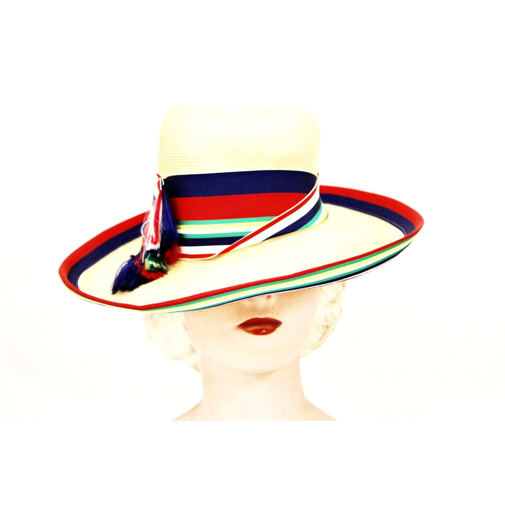 Vintage Gwenn Pennington Exclusive Wide Brim Straw Hat Awning Stripe Ribbon Church 1960s The Best Vintage Clothing