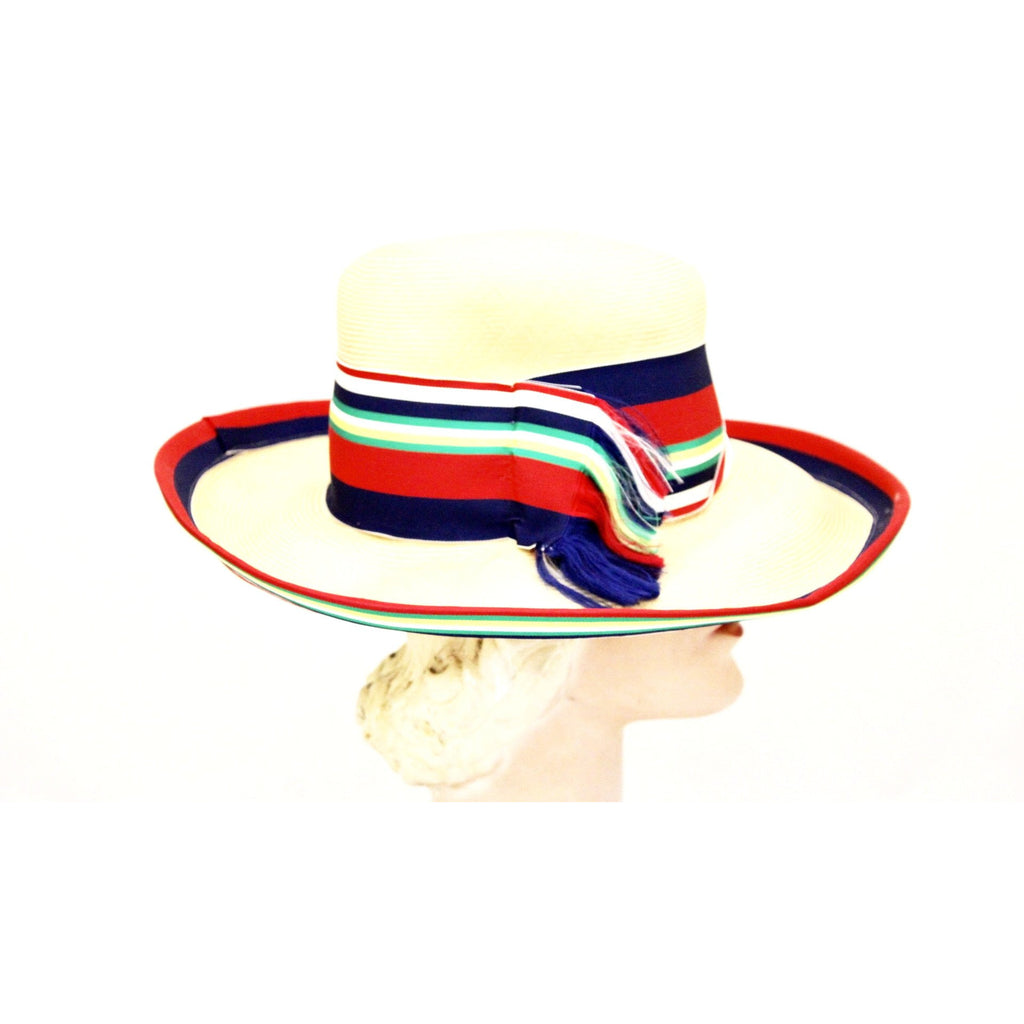 Vintage Gwenn Pennington Exclusive Wide Brim Straw Hat Awning Stripe Ribbon Church 1960s The Best Vintage Clothing