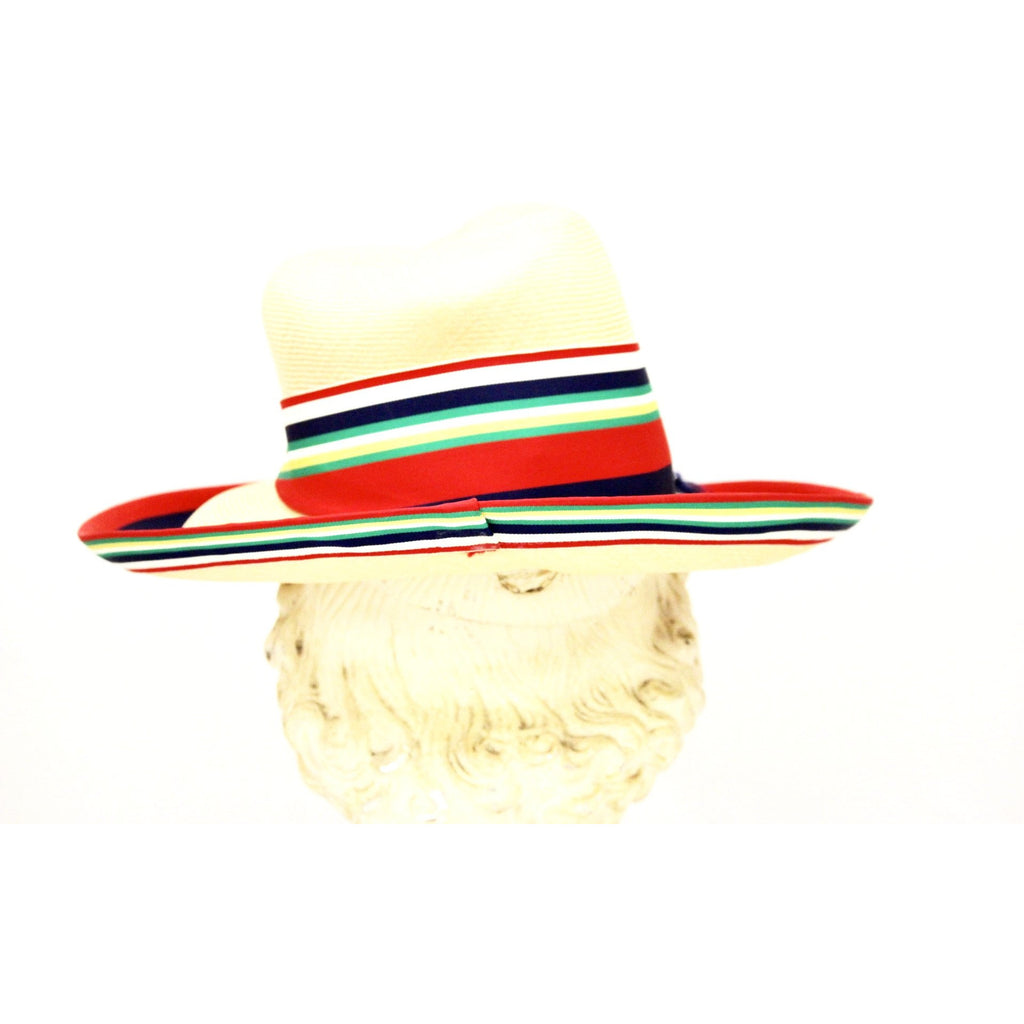 Vintage Gwenn Pennington Exclusive Wide Brim Straw Hat Awning Stripe Ribbon Church 1960s The Best Vintage Clothing