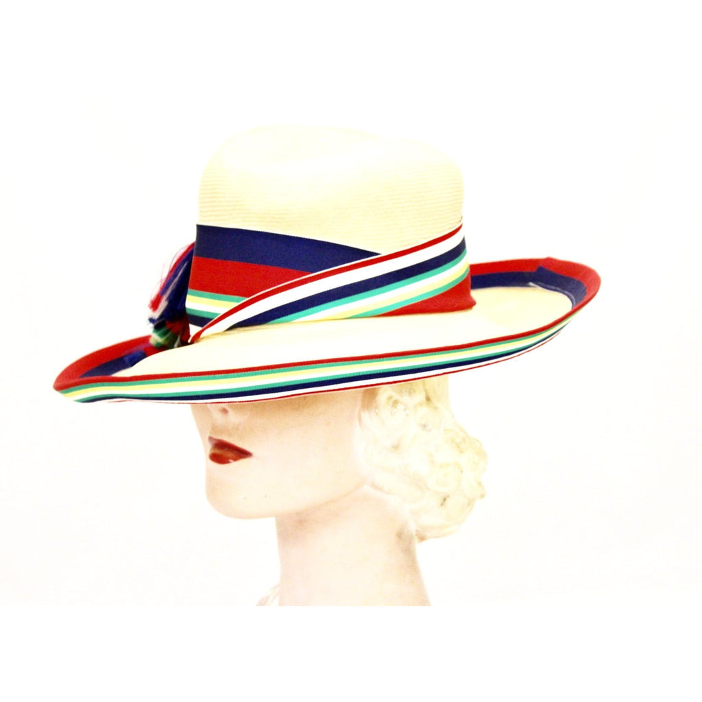 Vintage Gwenn Pennington Exclusive Wide Brim Straw Hat Awning Stripe Ribbon Church 1960s The Best Vintage Clothing