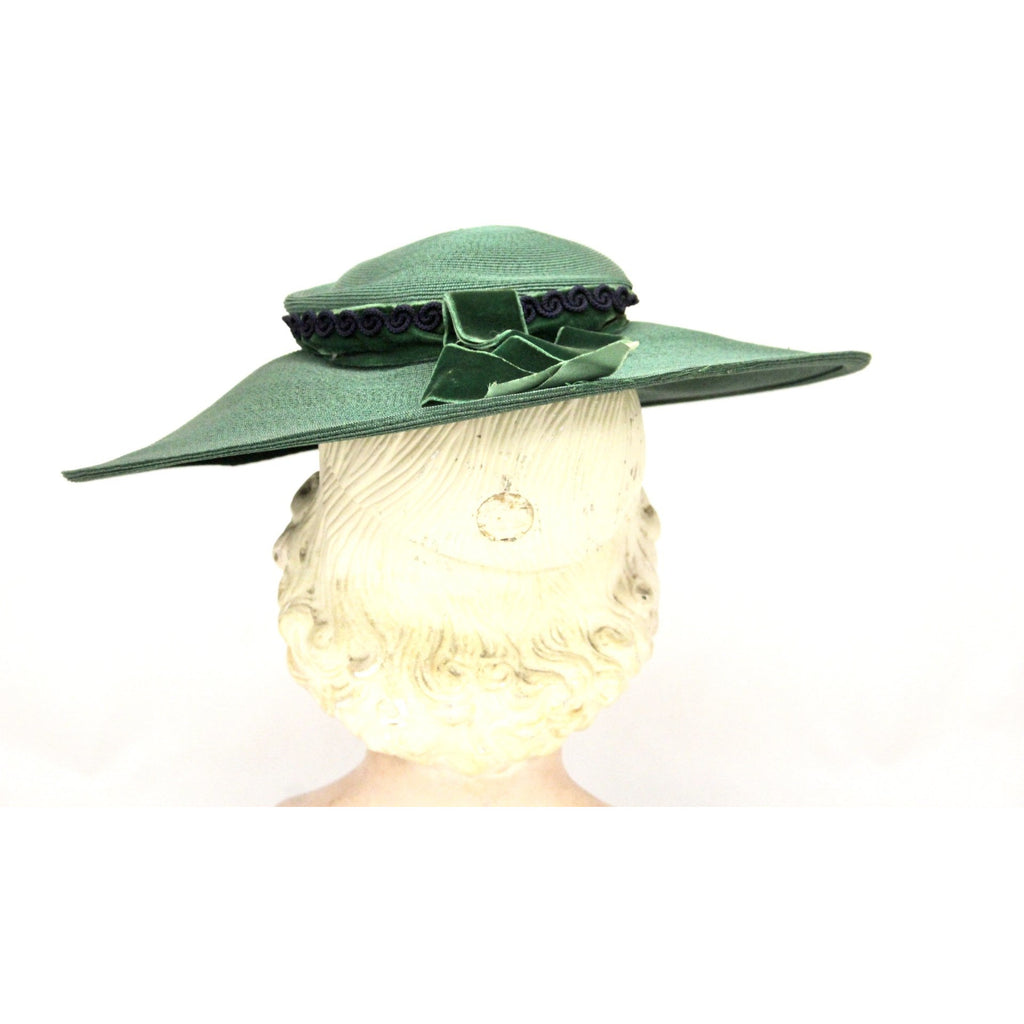 Vintage Green Straw Saucer Hat Wide Brim 1930s Church Womens The Best Vintage Clothing