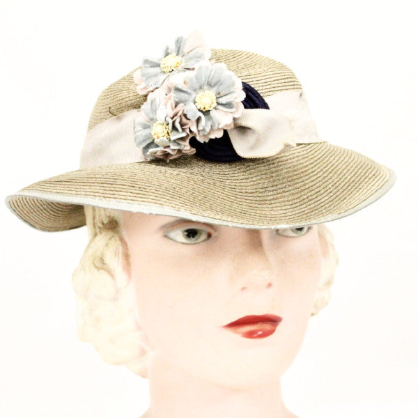 Womens Vintage Hat 1930s Beige Straw Pink Blue Flowers Fascinator Dusty Colors Church Guernsey The Best Vintage Clothing