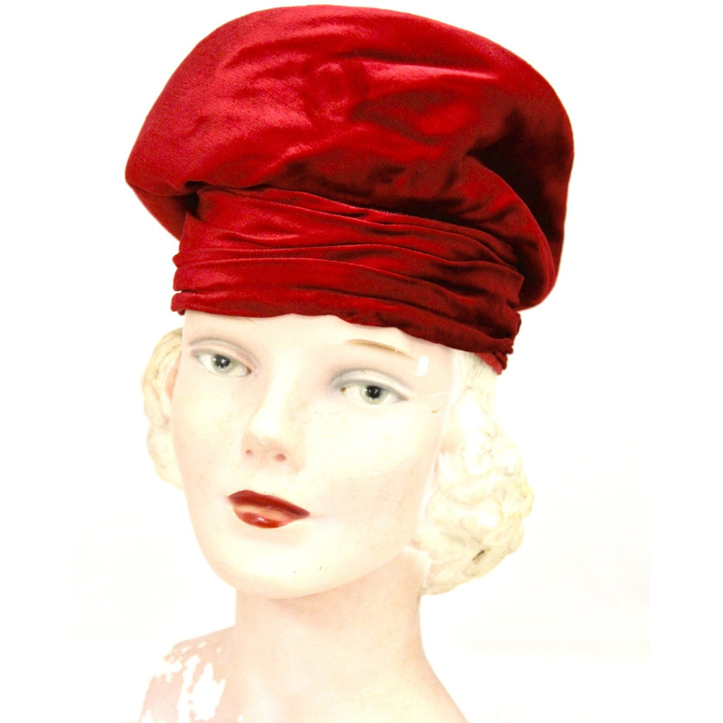 Red Velvet Vintage Turban Hat 1940s 22" Small Head The Best Vintage Clothing