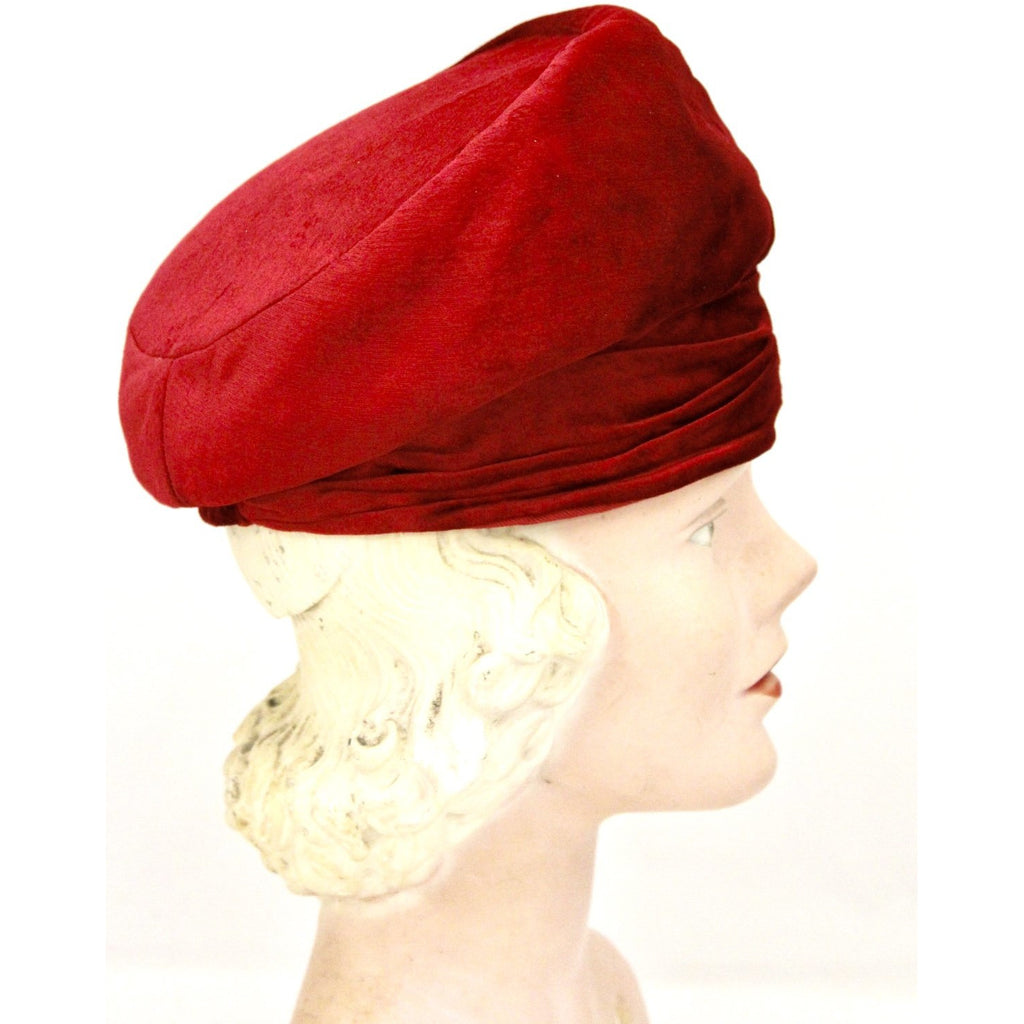 Red Velvet Vintage Turban Hat 1940s 22" Small Head The Best Vintage Clothing